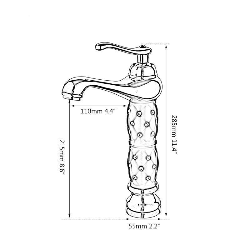 Coco glam faucet - home & office. Drawing shows dimensions of the tall faucet option. Measurements shown are as follows: Base has 5.5cm or 2.2inch diameter, total height is 28.5cm or 11.4 inches, spout to stem is 11cm or 4.4 inches, and height from spout to base is 21.5cm or 8.6 inches.
