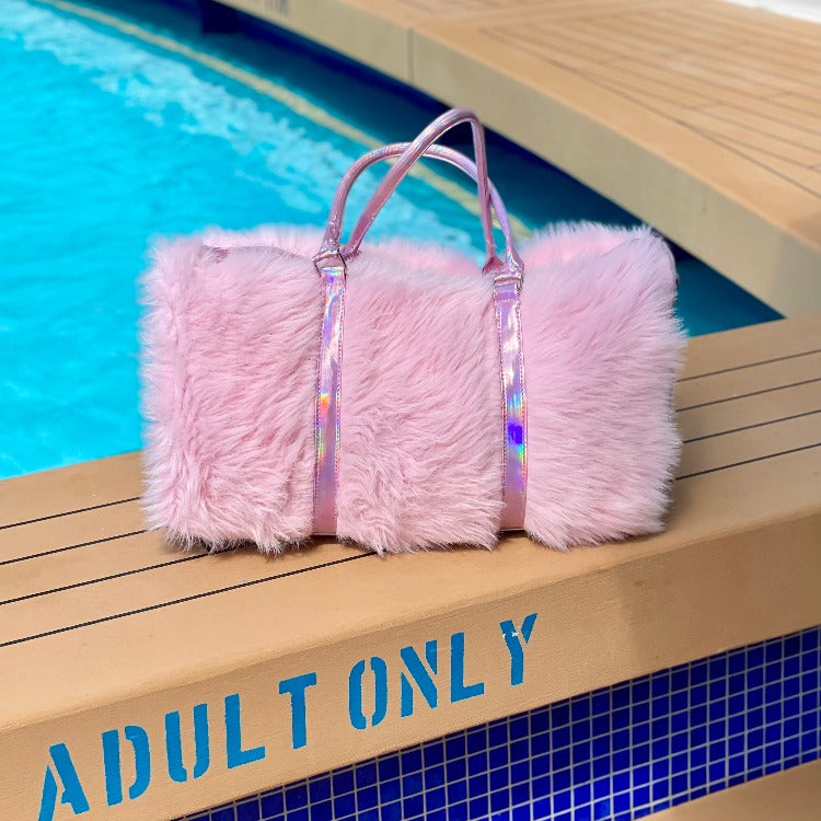 pink iridescent leather faux fur fay weekender bag