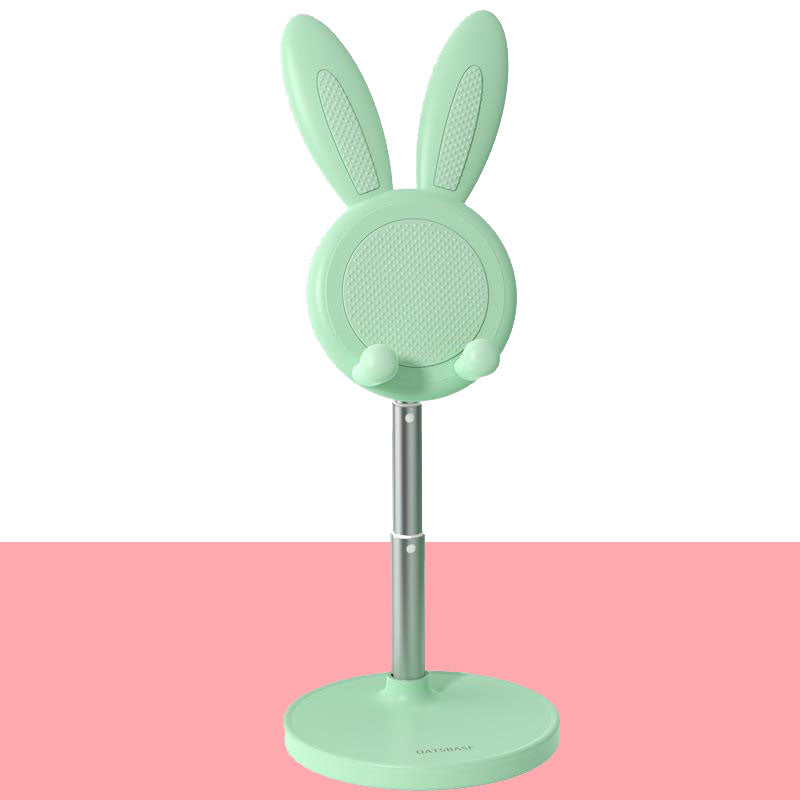 Green Boston Bunny Phone Stand set against plain white and pink backdrop