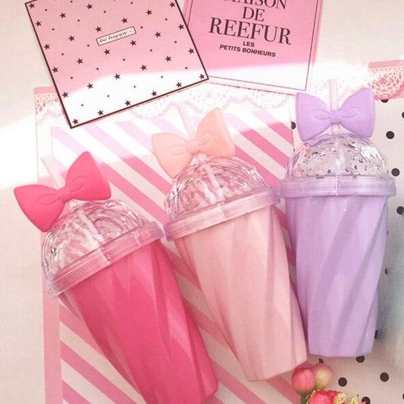 Belle bow cup - Pink, Hot Pink, Lavender Purple - Flatlay on colorful striped and dotted background