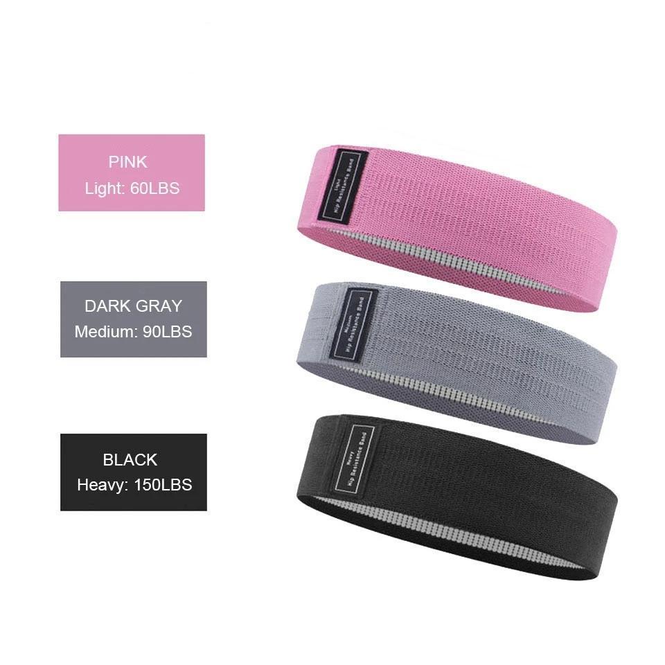 Blogger booty bands -  pink, gray and purple exercise bands on display showing their weight-relative resistance. Pink is 60, grey is 90 & black is 150lbs resistance.