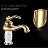 Load image into Gallery viewer, Coco glam faucet - home &amp; office. The rust and wear-resistance of the gold and white faucet emphasised by contrast with a polished sturdy shield against a stark black background. Text reads &quot;Multilayer plating; Multilayer protection, Heat-resistant wear feels smooth